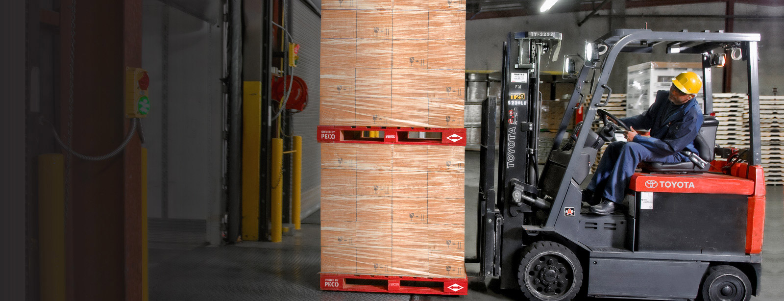 Banner Image of Home Page - Stacked of PECO Pallets on a folklift with two PECO workers.